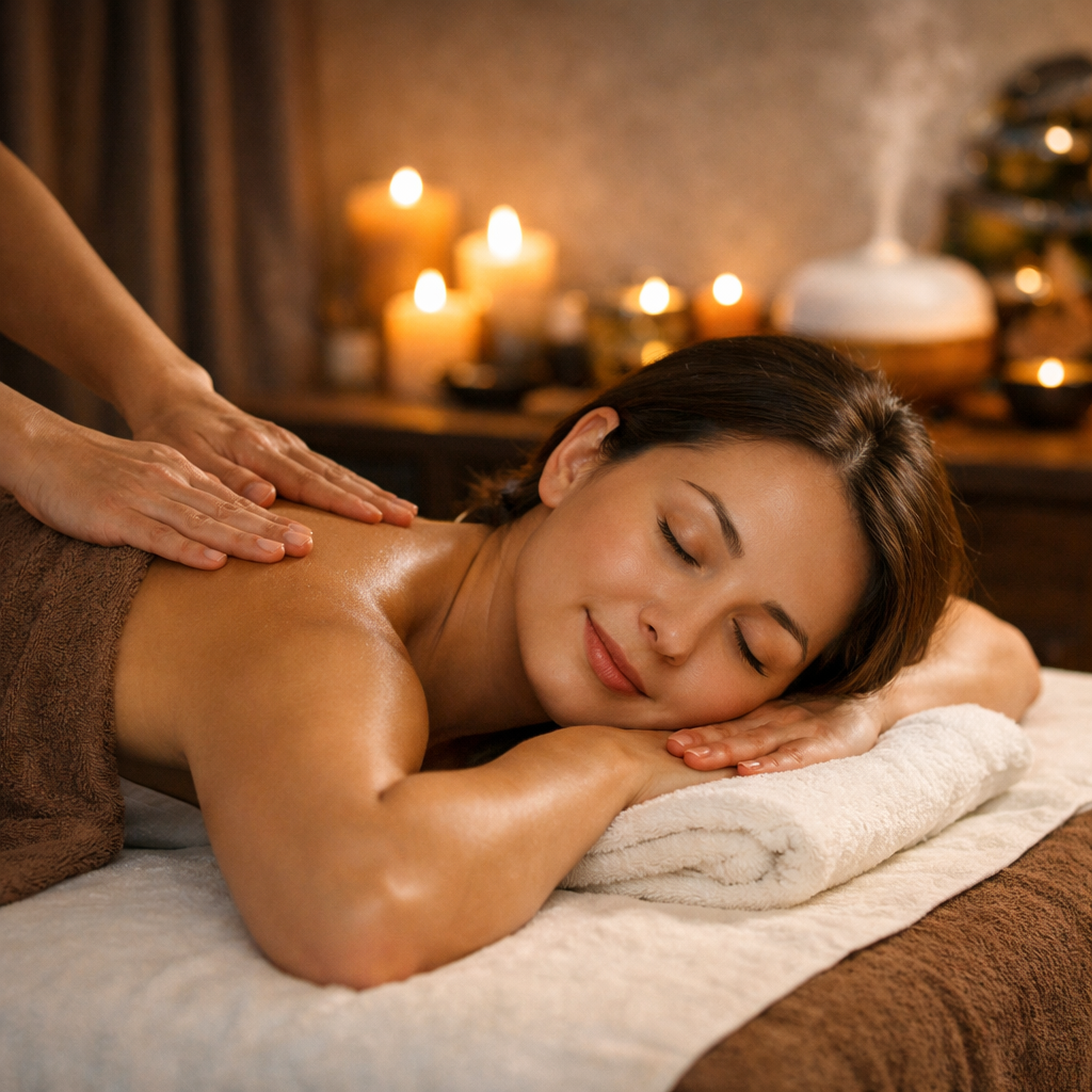 힐링사운드 마사지룸에서 아로마와 힐링 사운드를 즐기며 편안히 휴식 중인 방문객 모습